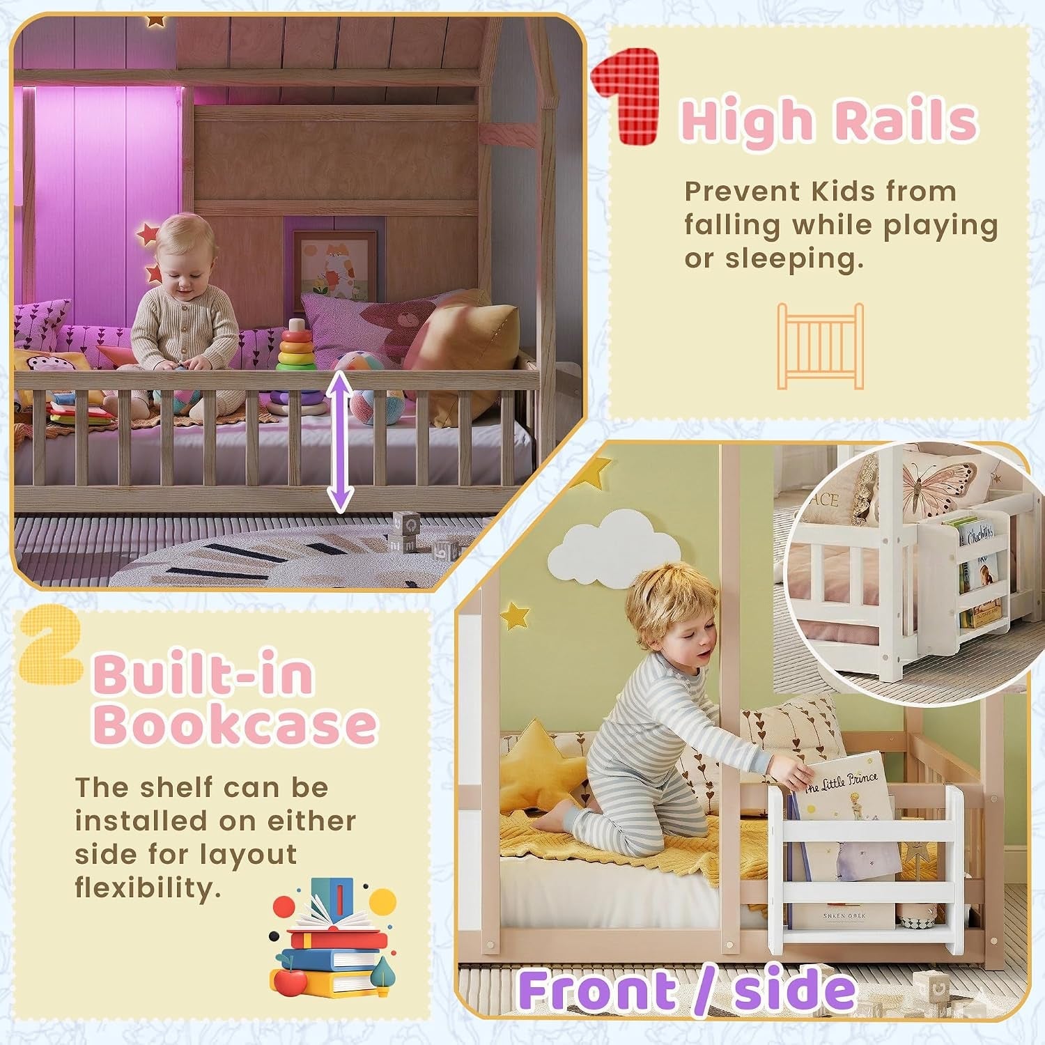 Natural Wood Montessori Twin House Bed Bookcase LED