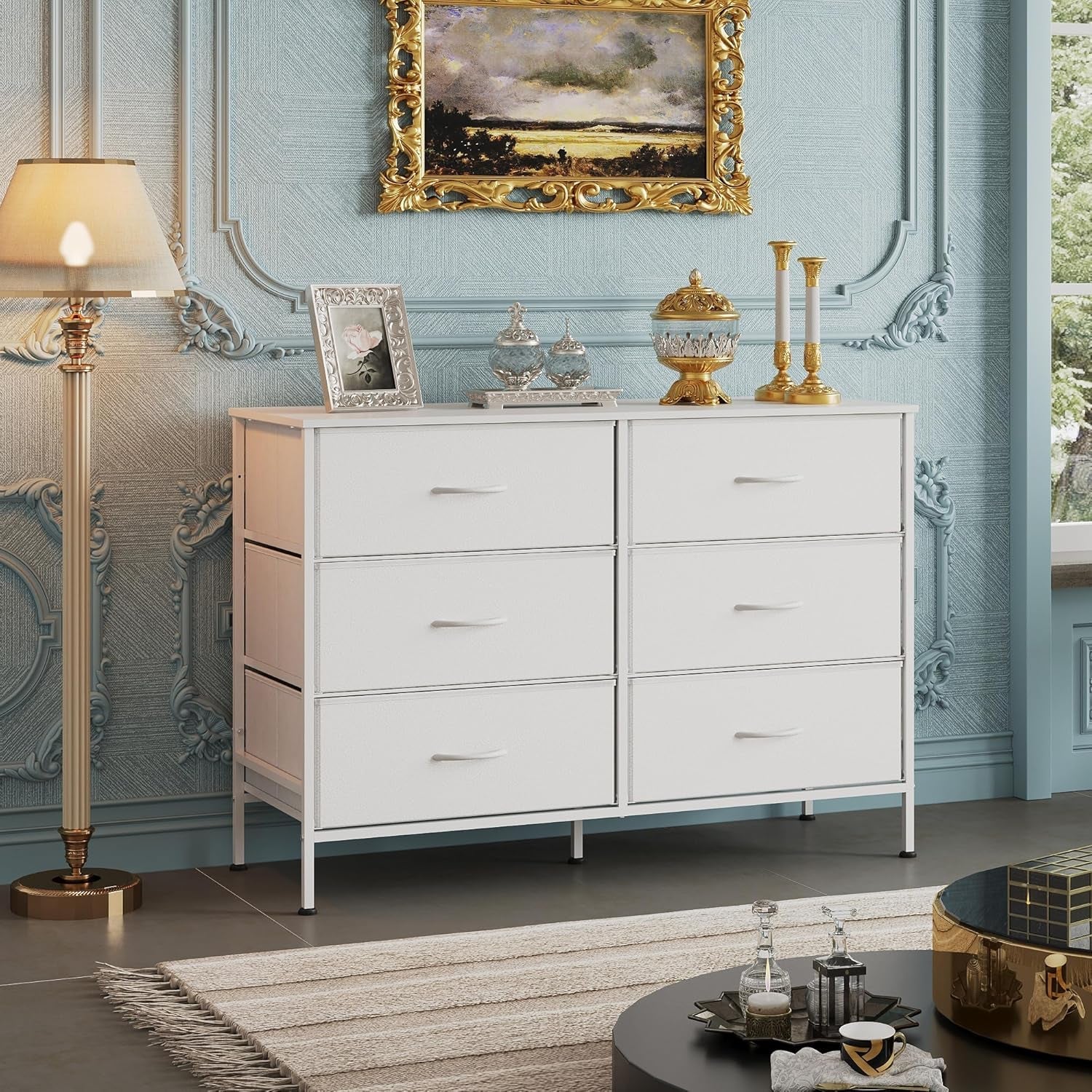 White Engineered Wood Dresser With Six Fabric Drawers