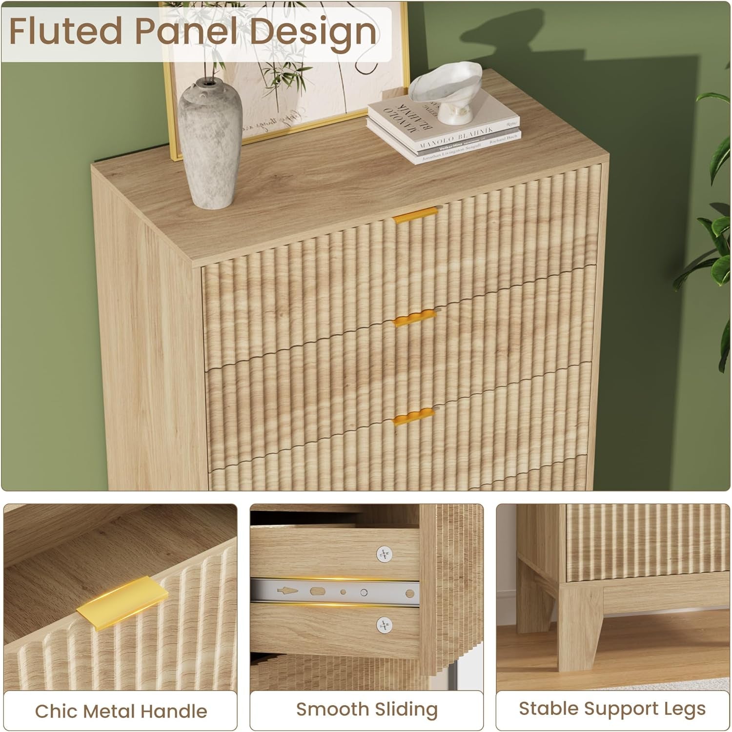 Contemporary Fluted Five Drawer Dresser Architectural Oak