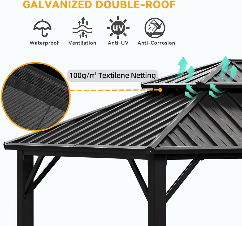 12x20 Hardtop Gazebo Reinforced Frame Privacy Curtains Black