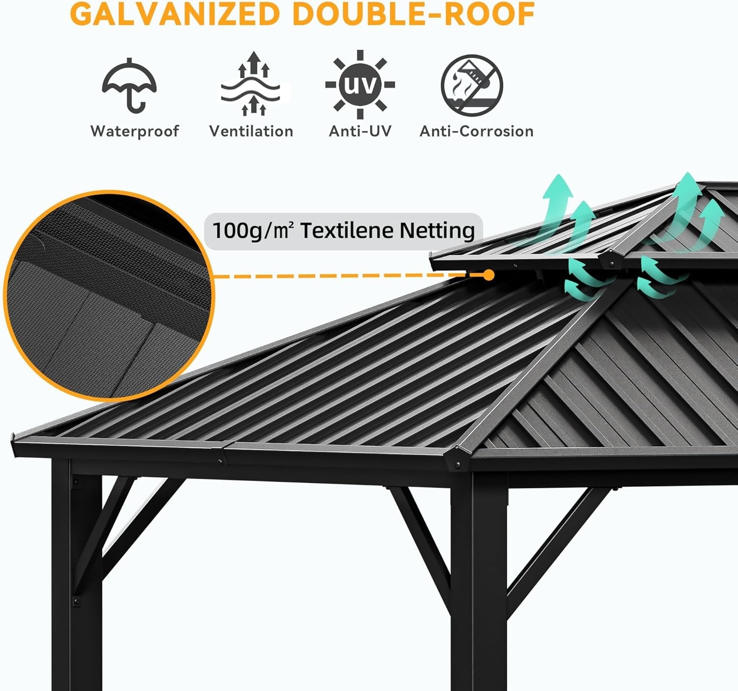 12x20 Hardtop Gazebo Reinforced Frame Privacy Curtains Black
