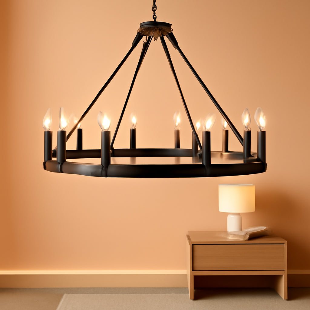 Black Wagon Wheel Chandelier 32 Inch 12Light Industrial
