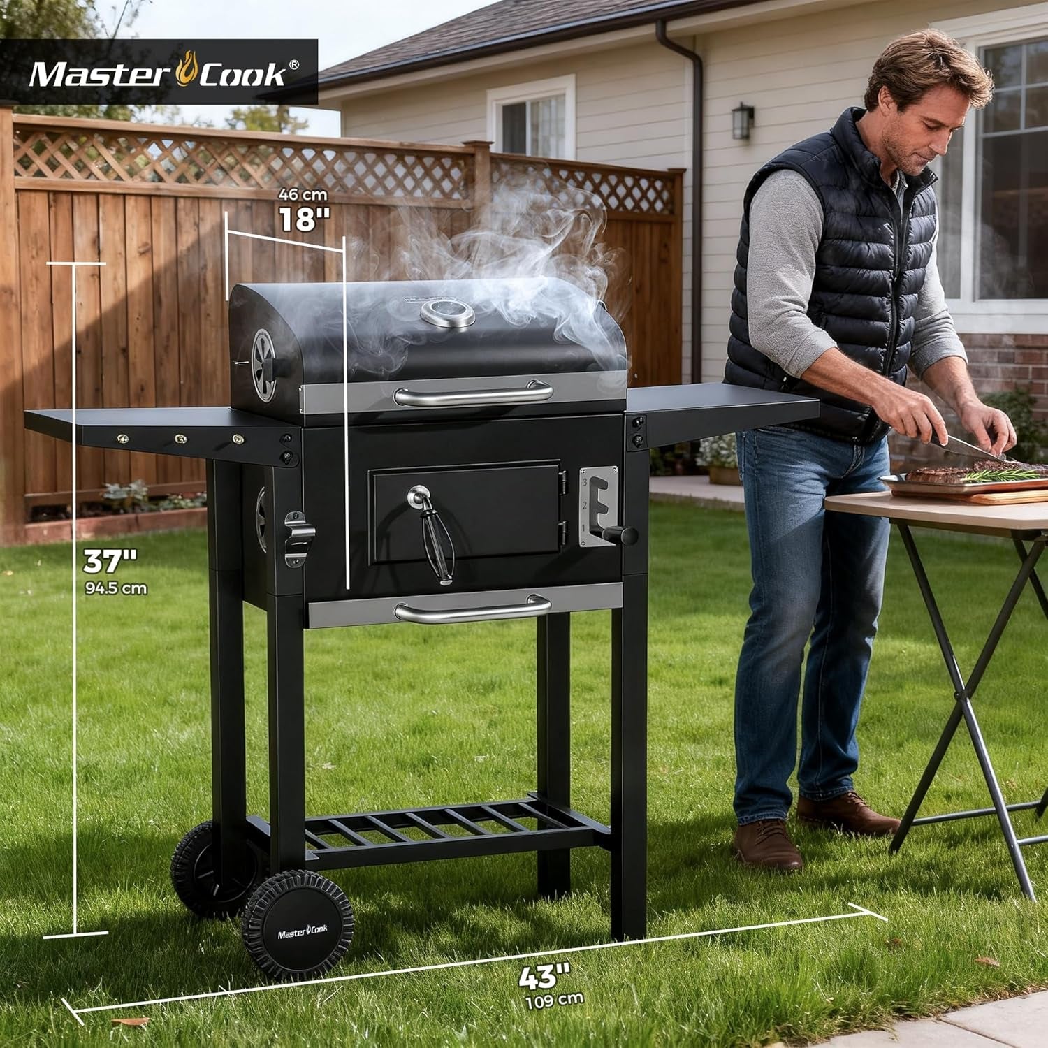 Charcoal Grill With Weatherproof Foldable Side Tables