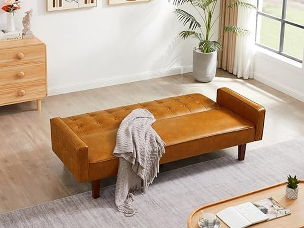 Brown PU Full Grain Leather SpaceSaving Three Seater Sofa