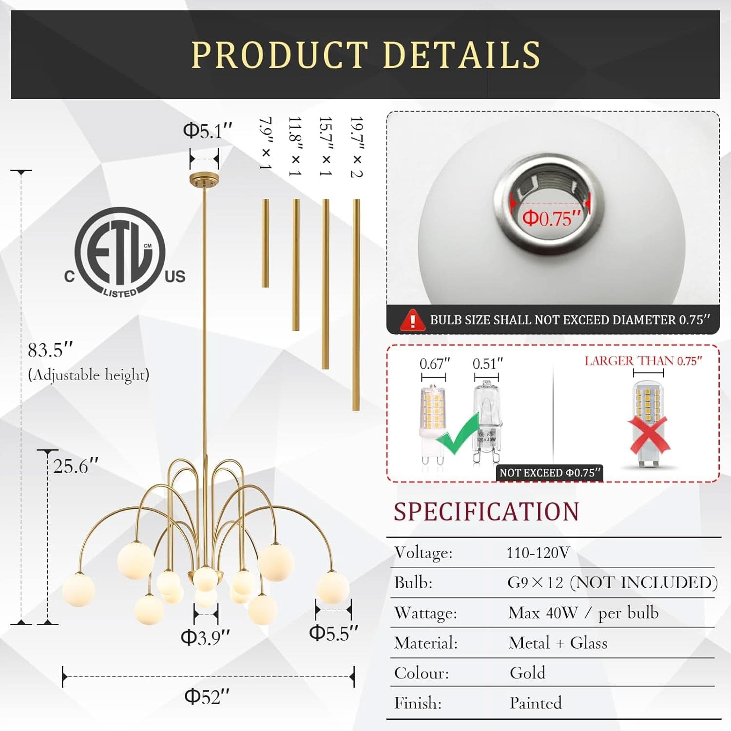 Gold Sputnik Chandelier 52 Inch Radiant Milk Glass Shades