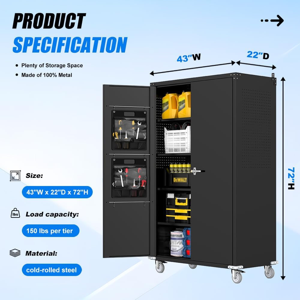 Black Metal Garage Storage Cabinet Pegboard Lockable