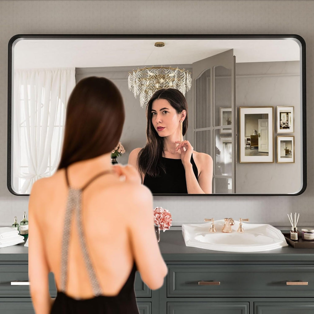 55x30 Inch Matte Black Tempered Glass Bathroom Mirror