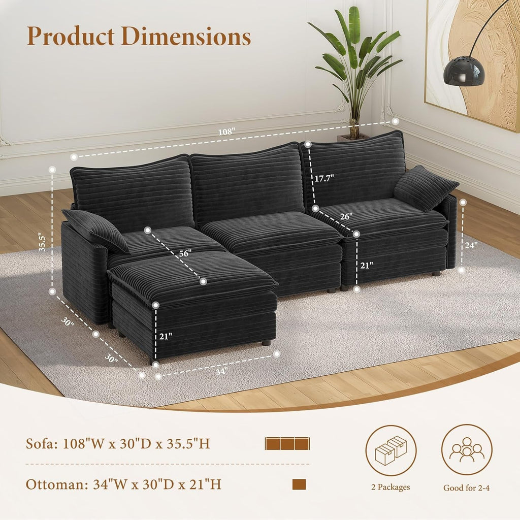 108 Inch Charcoal Gray Modular Sectional Sofa Ottoman
