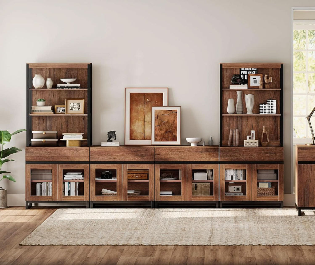 Brown Three Tier Entertainment Console With Drawers