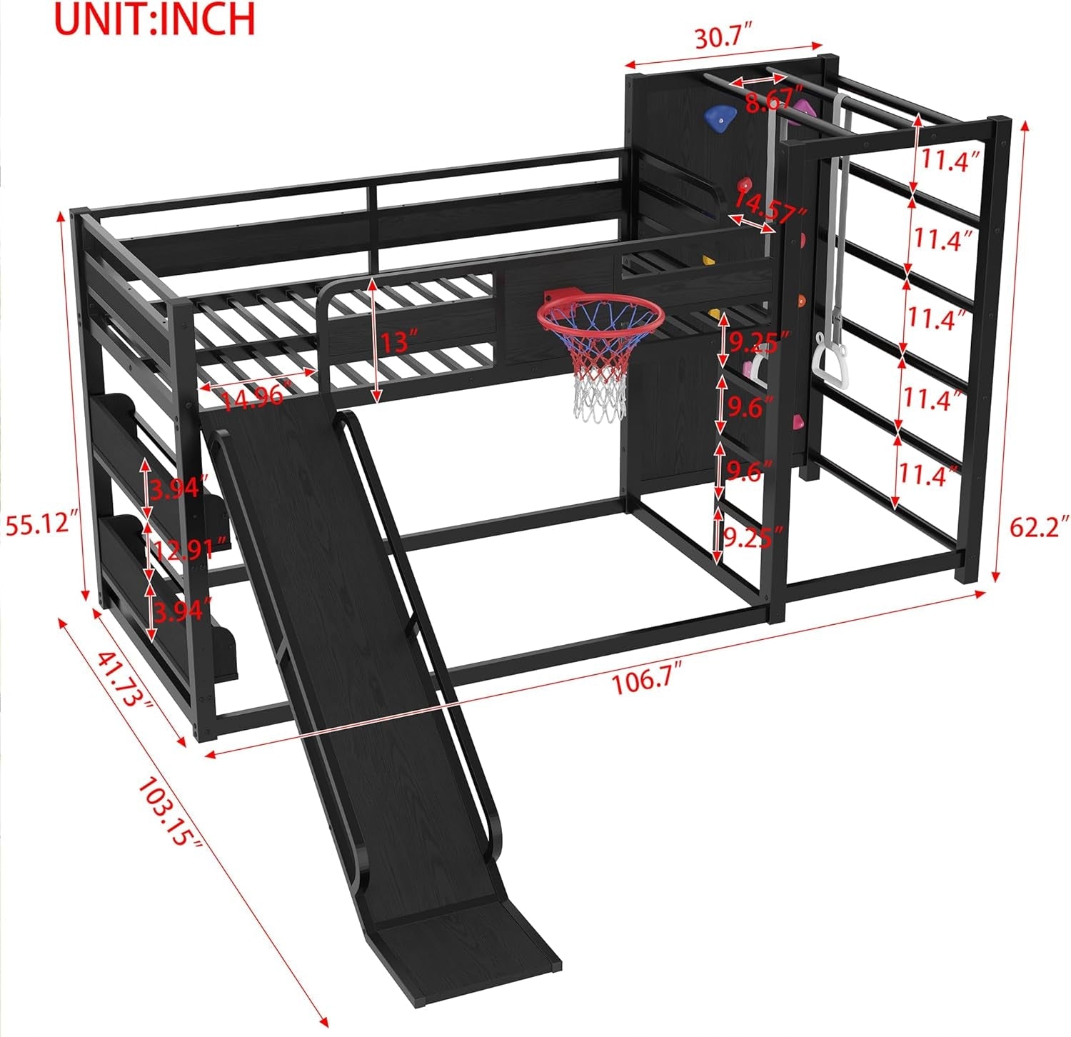 Twin Size Powder Coated Black Industrial Grade Bunk Bed