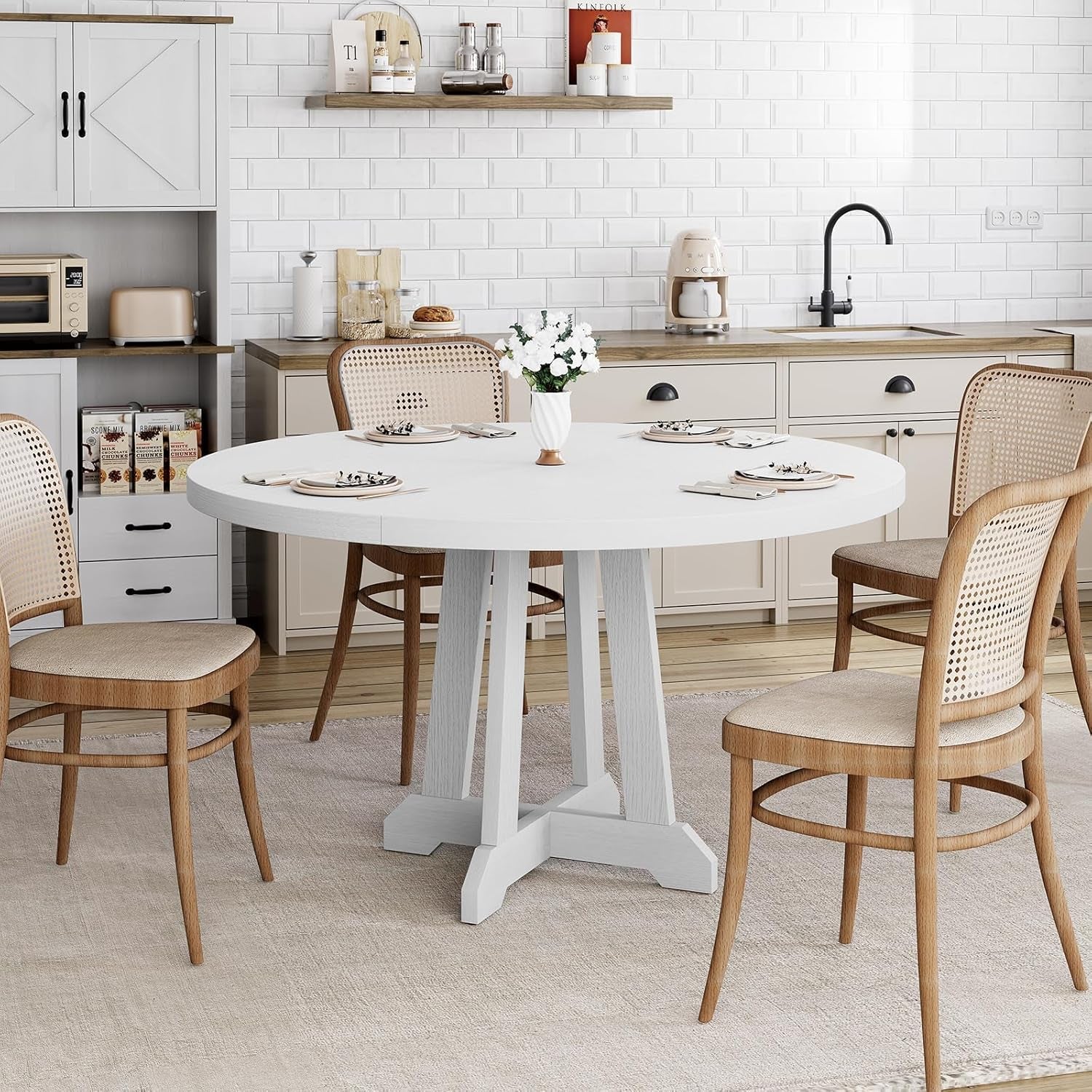 Forty Seven Inches White Circular Solid Wood Dining Table