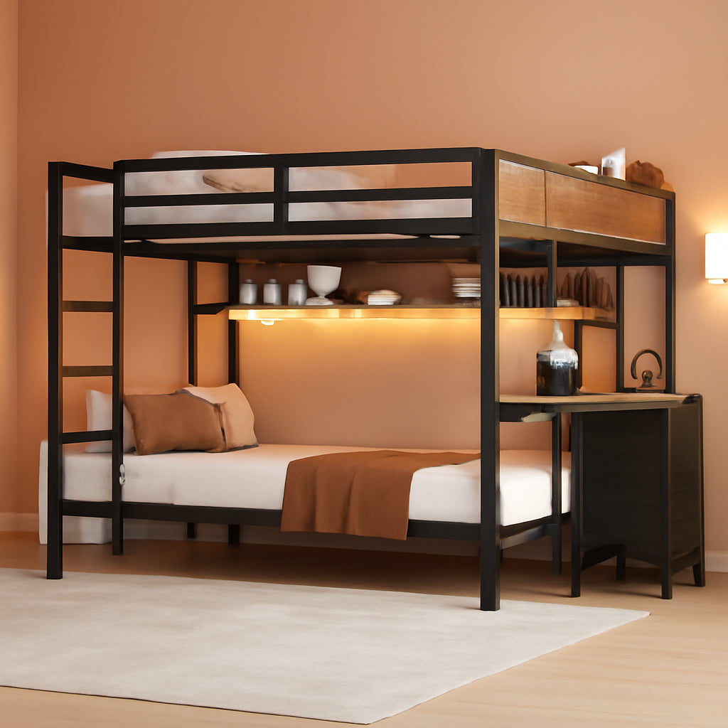 Twin Over Twin Metal Bunk Bed With Desk Black Space Saving Design Efficient