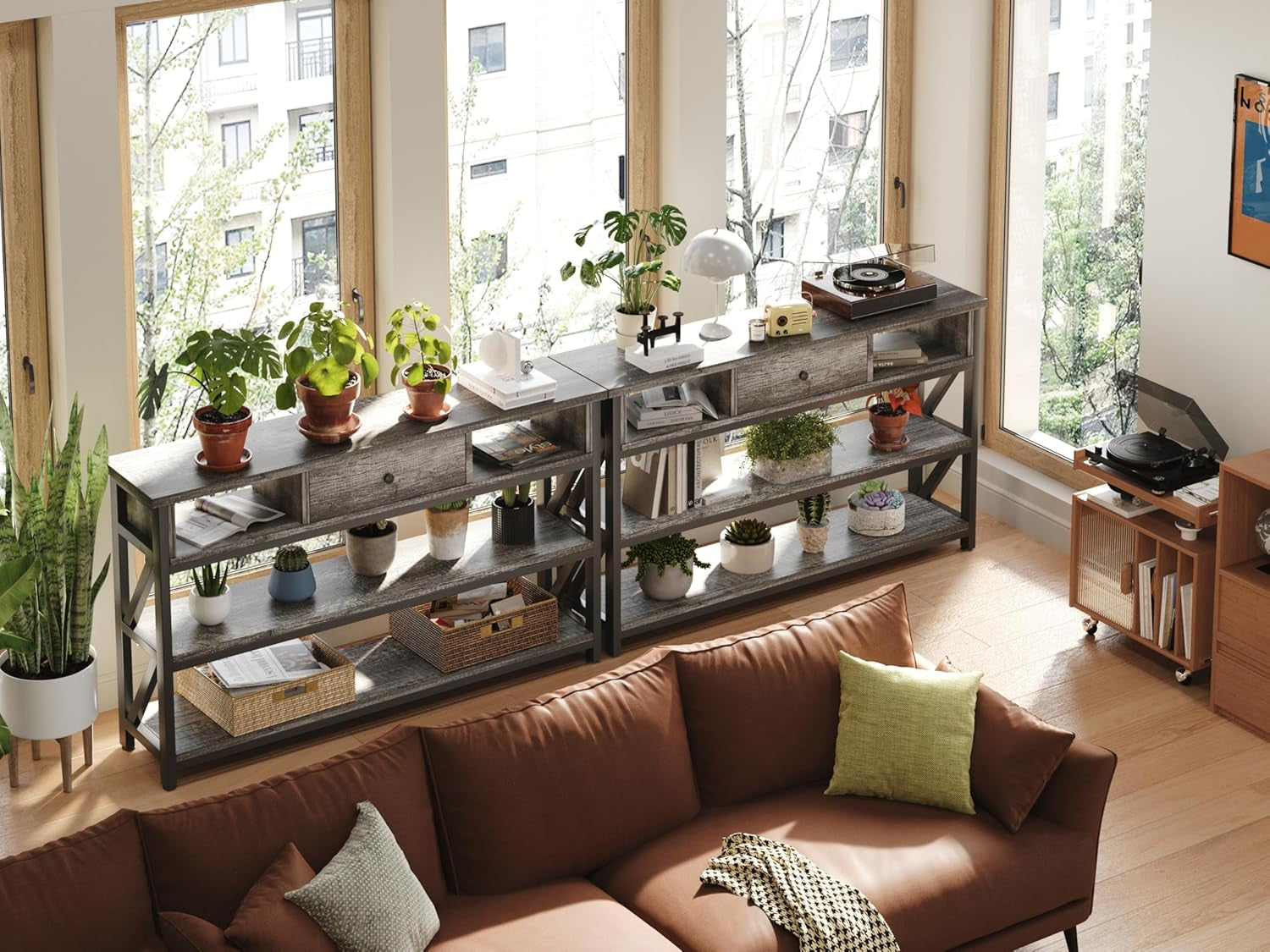 47 Inch Industrial Console Table With Drawer Grey Oak Finish