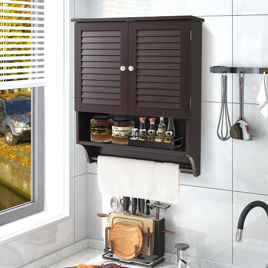 2-Doors Bathroom Wall-Mounted Medicine Cabinet with Towel Bar-White