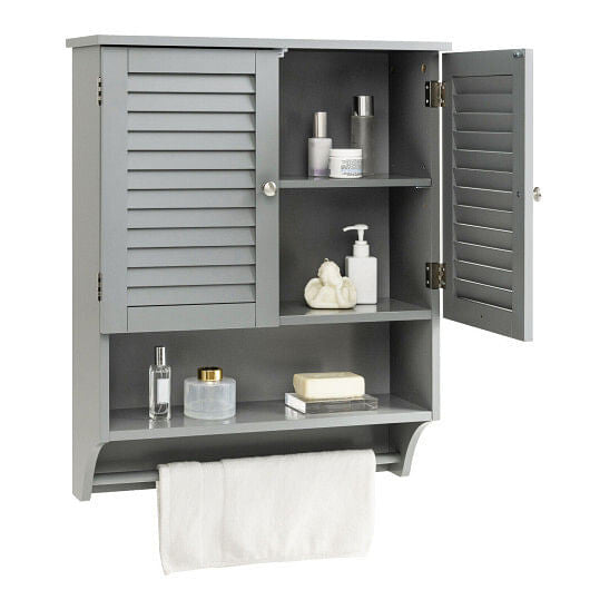 2-Doors Bathroom Wall-Mounted Medicine Cabinet with Towel Bar-White