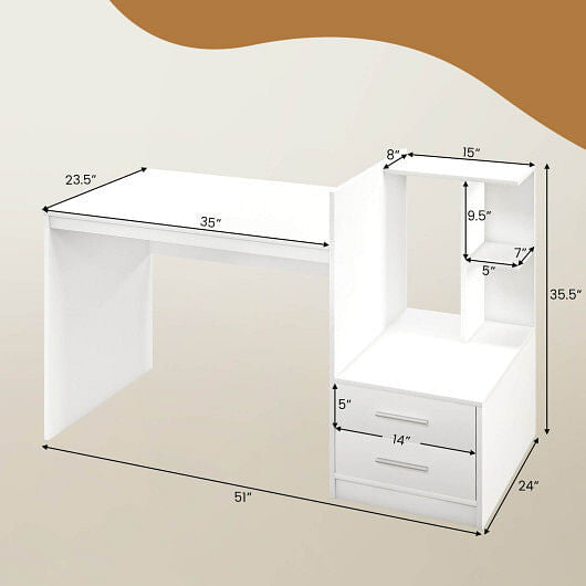 Computer Desk Home Office with Bookshelf and Drawers-White