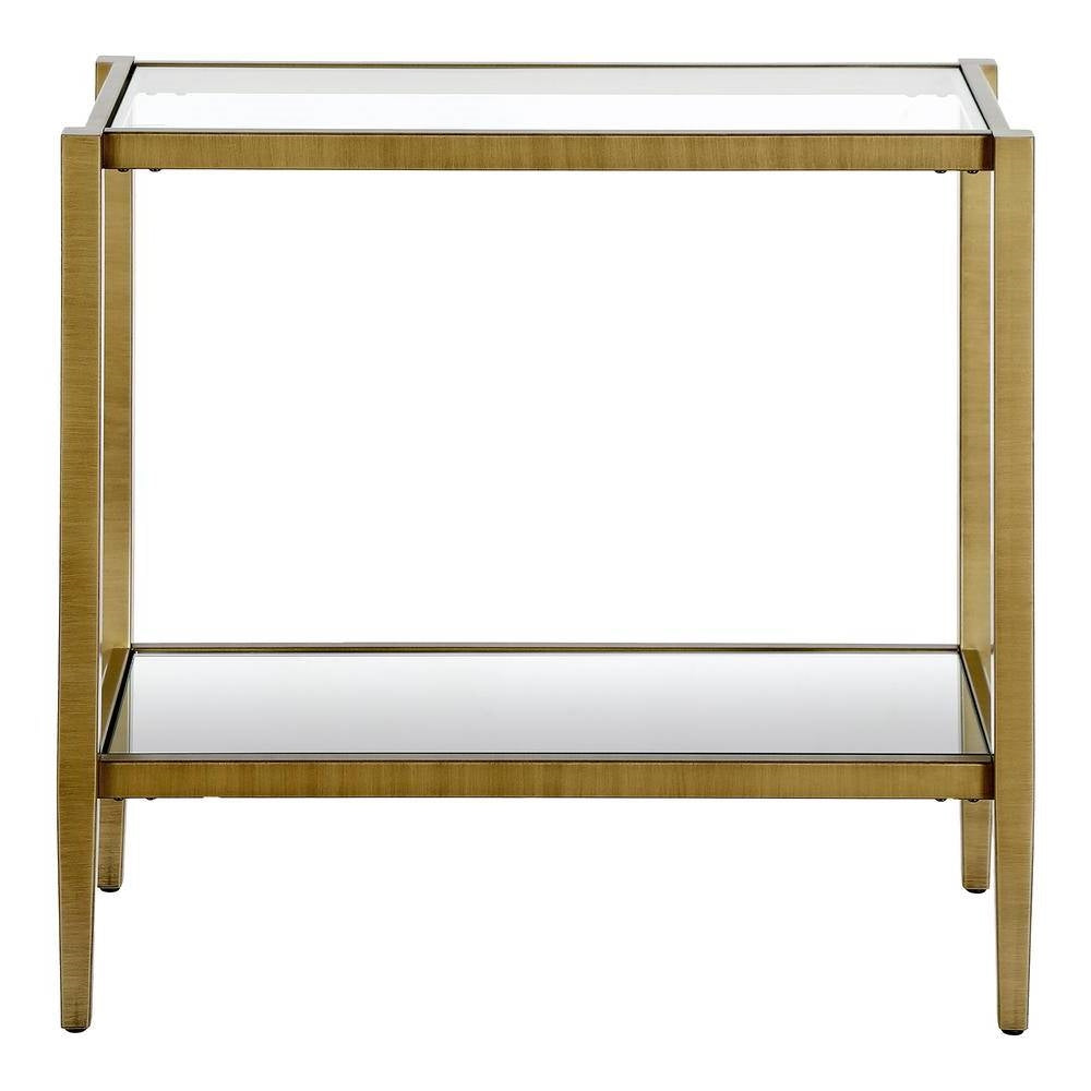 Rectangular Side Table Gold Antique Brass Metal Glass Top Bottom Shelf Sofa Table