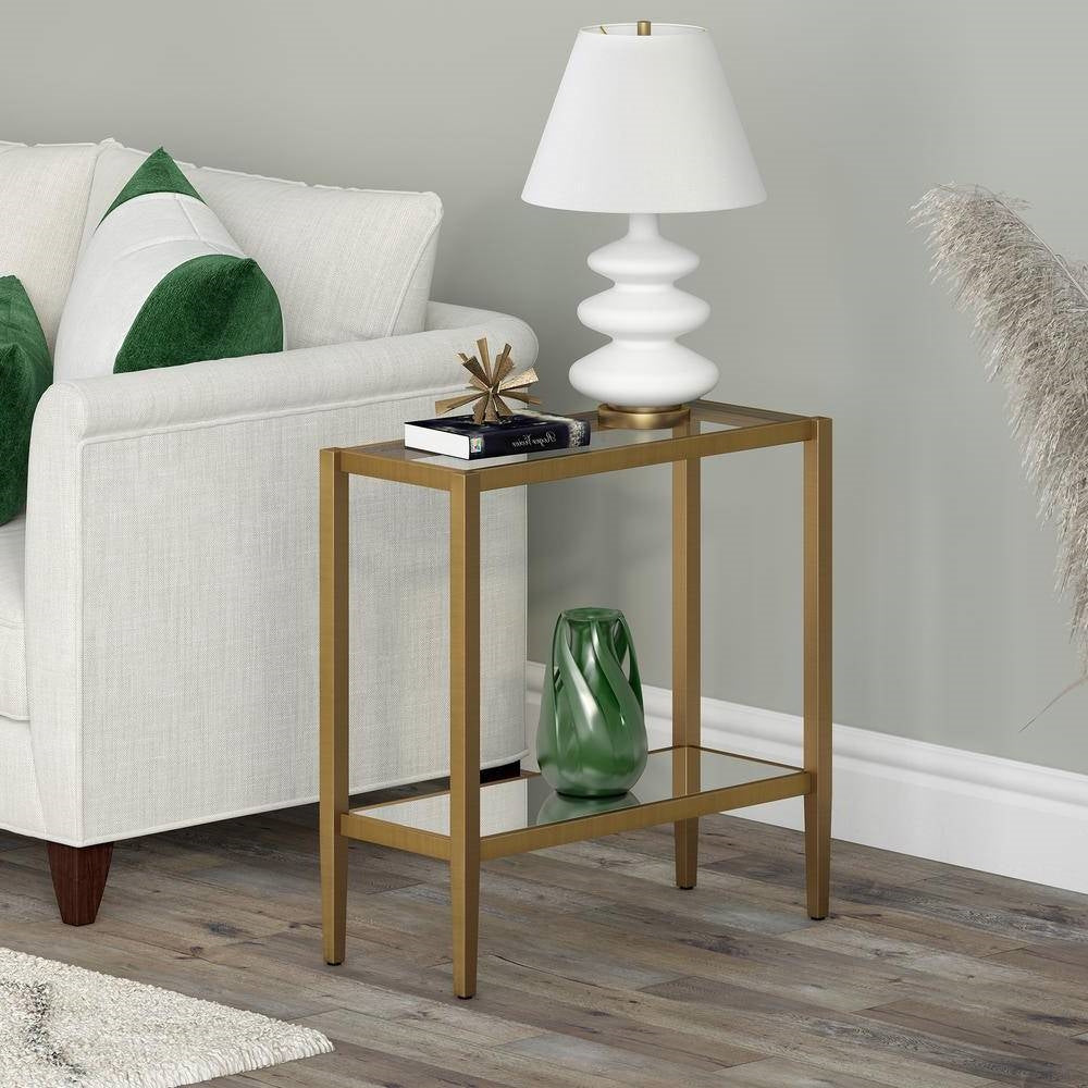 Rectangular Side Table Gold Antique Brass Metal Glass Top Bottom Shelf Sofa Table