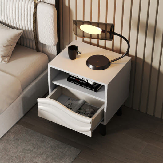Nightstand Mid Century Modern Bedside Table with 3D Wavy Pattern and Open Shelf-White