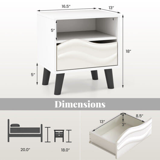 Nightstand Mid Century Modern Bedside Table with 3D Wavy Pattern and Open Shelf-White