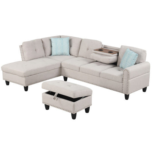 98 Inches Sectional Sofa Couch with Movable Storage Ottoman and Linen Fabric Backs-DG
