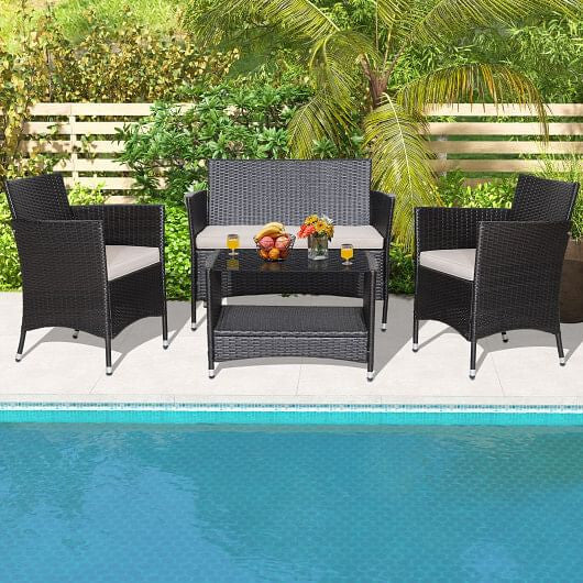 4 Pieces Patio Conversation Set with Soft Cushions and Tempered Glass Tabletop