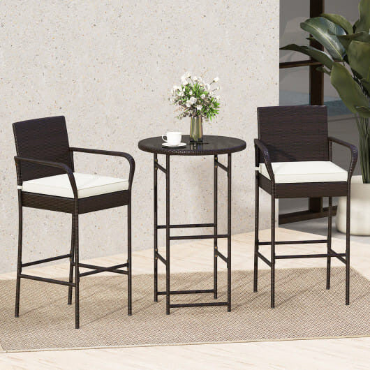 3 Piece Outdoor Bar Set with 2 Seat Cushions for Porch Yard-White