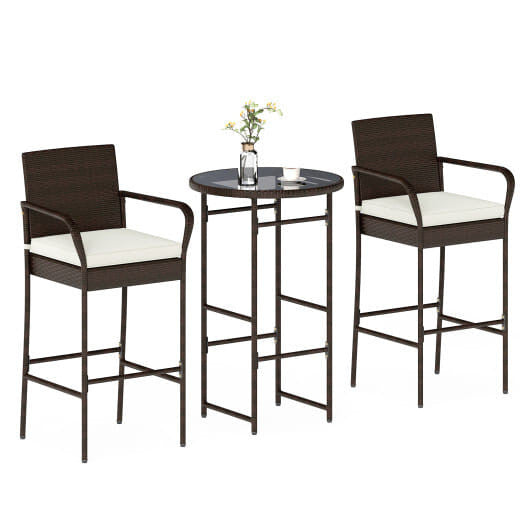 3 Piece Outdoor Bar Set with 2 Seat Cushions for Porch Yard-White
