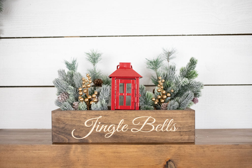 Merry + Bright Christmas Centerpiece, Engraved Wood Box with Christmas Greenery