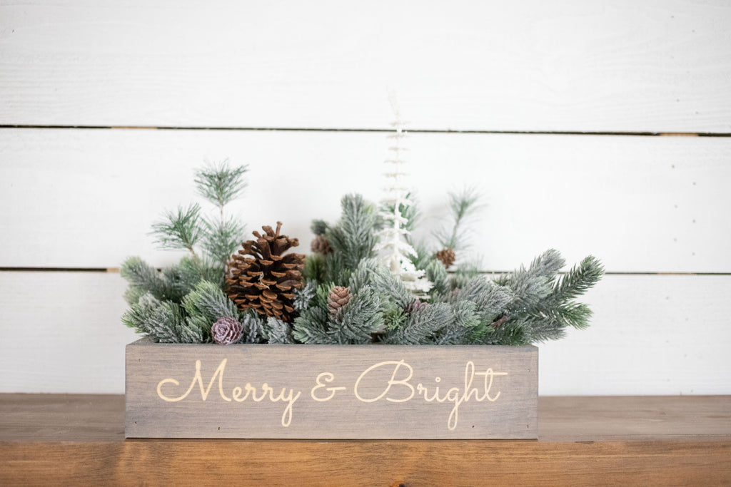 Let it Snow Christmas Centerpiece, Engraved Wood Box with Christmas Greenery