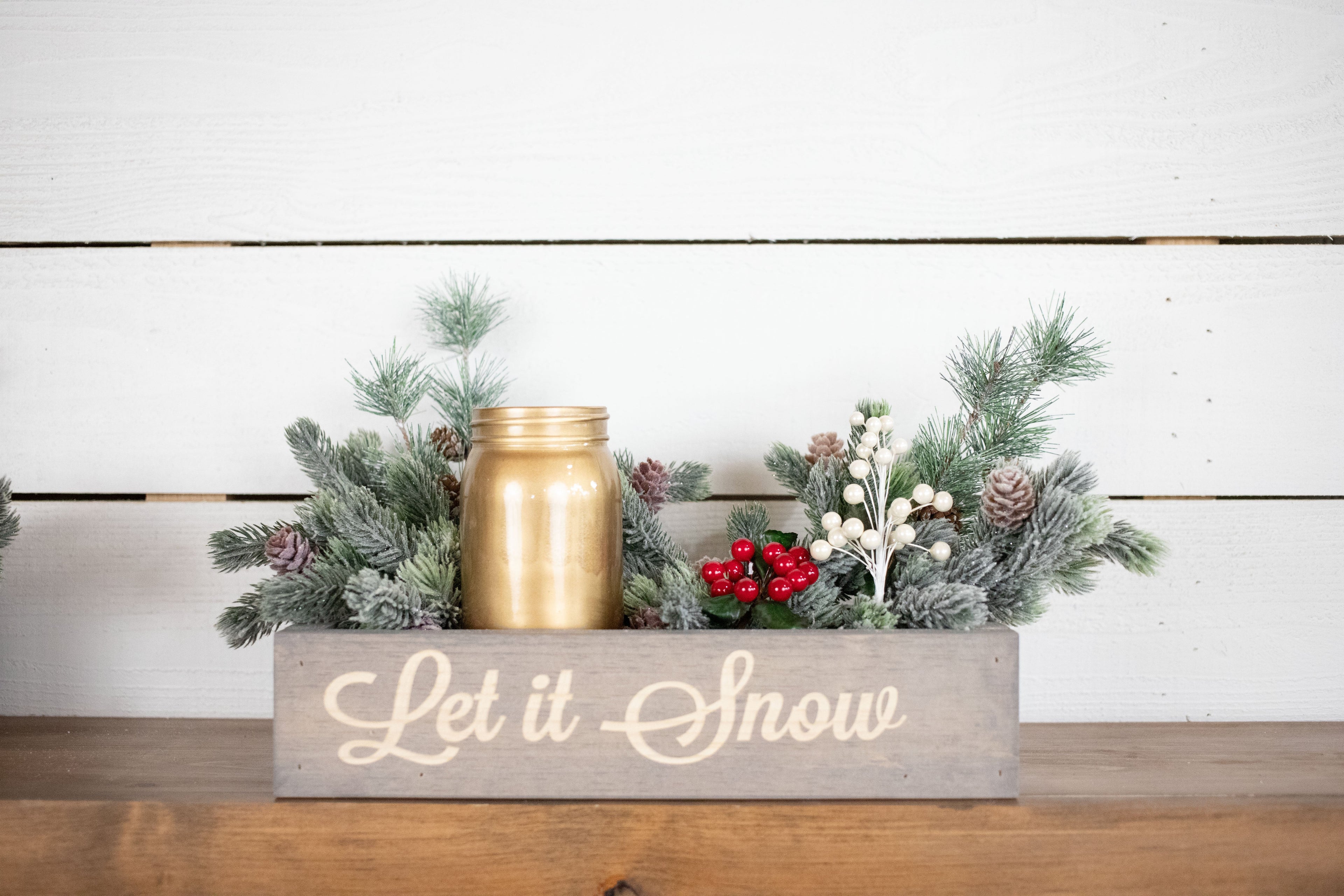 Merry + Bright Christmas Centerpiece, Engraved Wood Box with Christmas Greenery