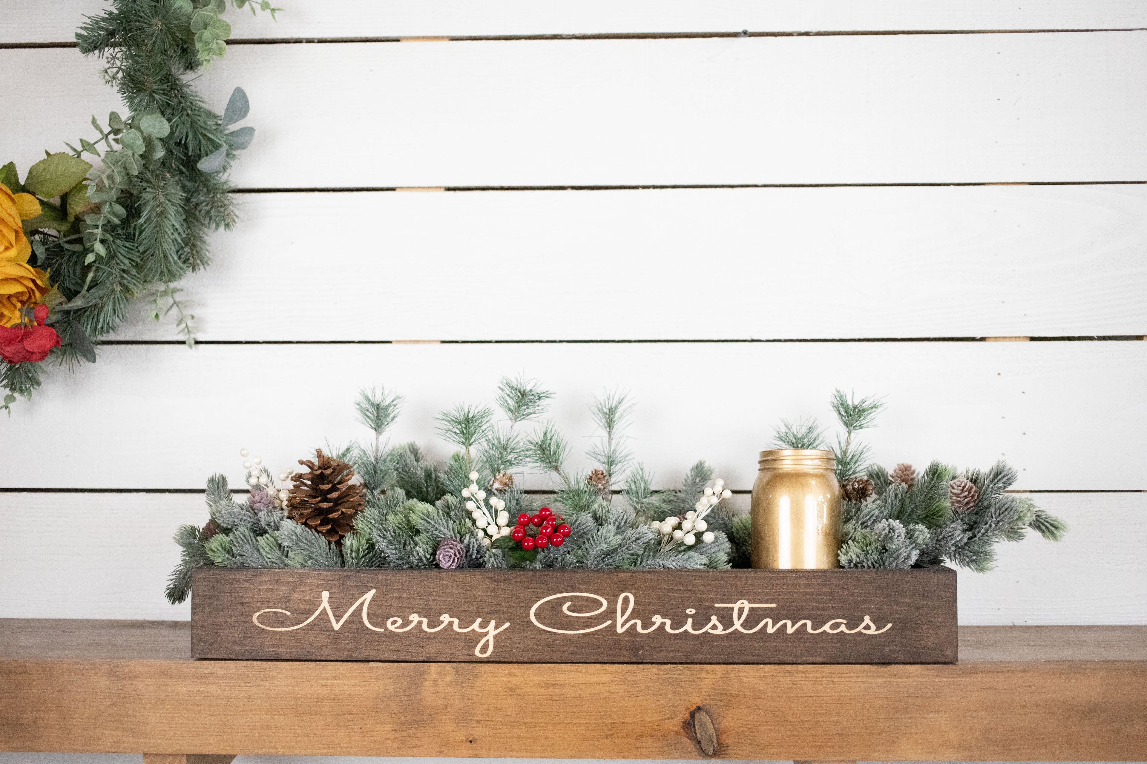 Merry + Bright Christmas Centerpiece, Engraved Wood Box with Christmas Greenery