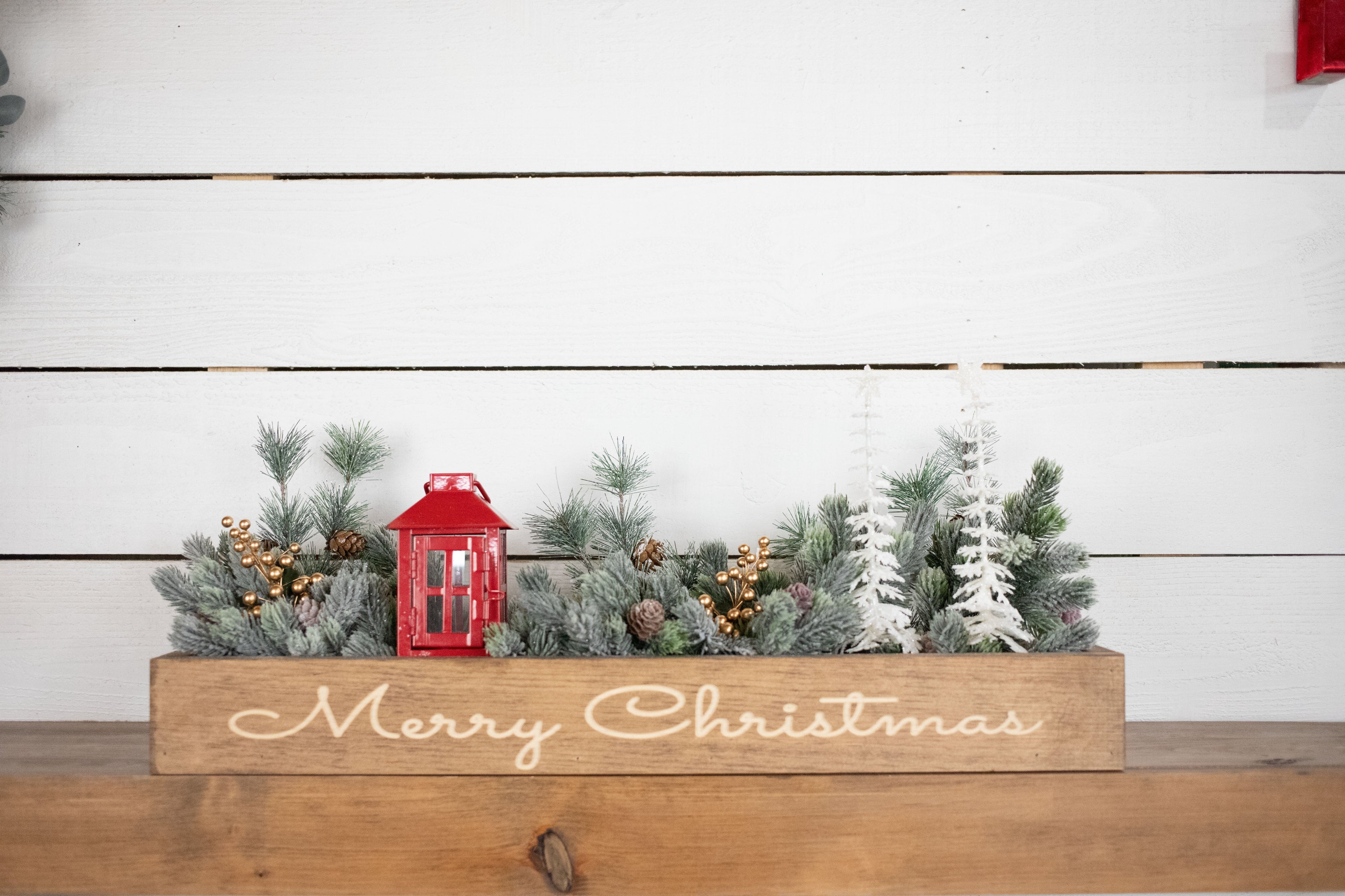 Merry + Bright Christmas Centerpiece, Engraved Wood Box with Christmas Greenery