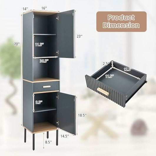 Free-Standing Bathroom Cabinet Narrow Linen with Doors and Drawer-Gray
