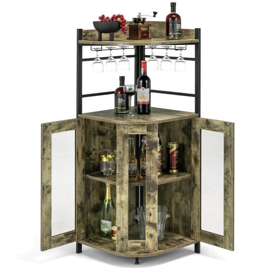 Industrial Corner Bar Cabinet with Glass Holder and Adjustable Shelf-Taupe