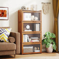 4-Tier Bamboo Bookcase with Doors for Study Room Living Room-Brown