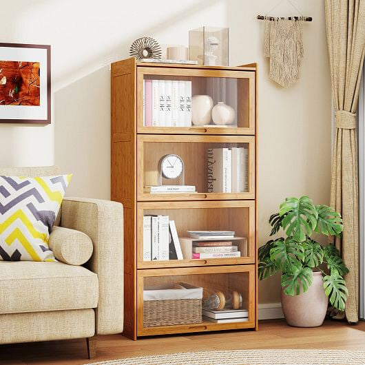 4-Tier Bamboo Bookcase with Doors for Study Room Living Room-Brown