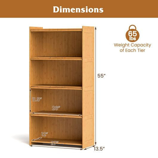 4-Tier Bamboo Bookcase with Doors for Study Room Living Room-Brown