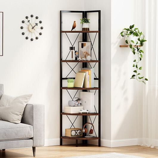 5-Tier Freestanding Corner Shelf 63 Inch Tall Storage Rack-Oak