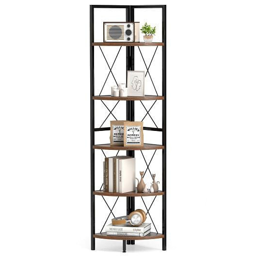 5-Tier Freestanding Corner Shelf 63 Inch Tall Storage Rack-Oak