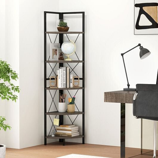 5-Tier Freestanding Corner Shelf 63 Inch Tall Storage Rack-Oak