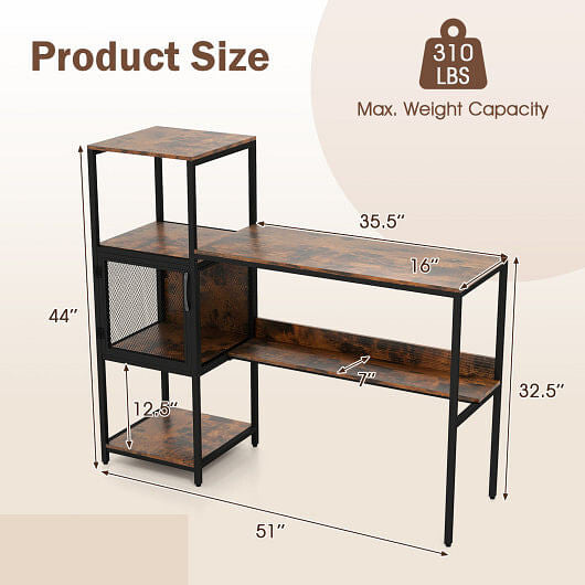 Computer Desk with Bookshelf Home Office Desk with Storage Cabinet and Shelves-Rustic Brown