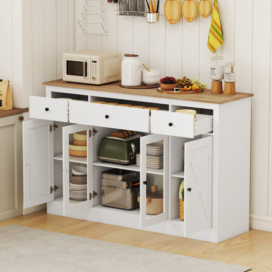 55" Large Buffet Sideboard Kitchen Storage Cabinet with 3 Drawers 2 See-through Doors Adjustable Sh