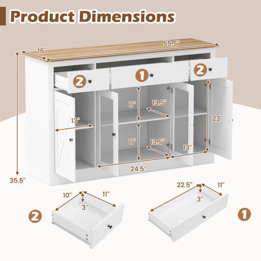 55" Large Buffet Sideboard Kitchen Storage Cabinet with 3 Drawers 2 See-through Doors Adjustable Sh