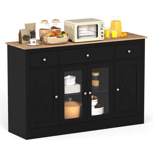 55" Large Buffet Sideboard Kitchen Storage Cabinet with 3 Drawers 2 See-through Doors Adjustable Sh