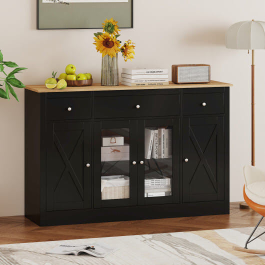 55" Large Buffet Sideboard Kitchen Storage Cabinet with 3 Drawers 2 See-through Doors Adjustable Sh