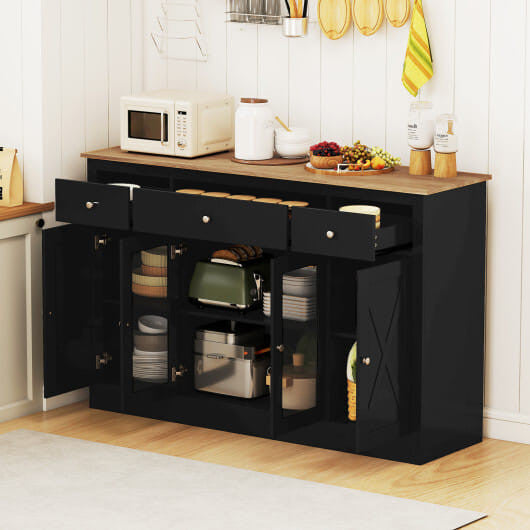 55" Large Buffet Sideboard Kitchen Storage Cabinet with 3 Drawers 2 See-through Doors Adjustable Sh