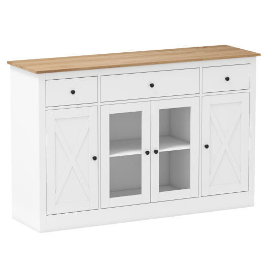 55" Large Buffet Sideboard Kitchen Storage Cabinet with 3 Drawers 2 See-through Doors Adjustable Sh