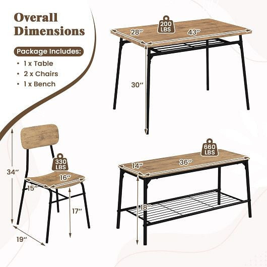 4 Piece Dining Table Set for 4 Metal Frame with Bench and 2 Chairs-Brown