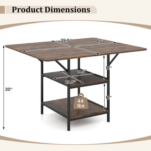 47 Inch Rectangular Dining Table with 2 Open Storage Shelves and Sturdy Metal Legs for 4-6-Rustic B